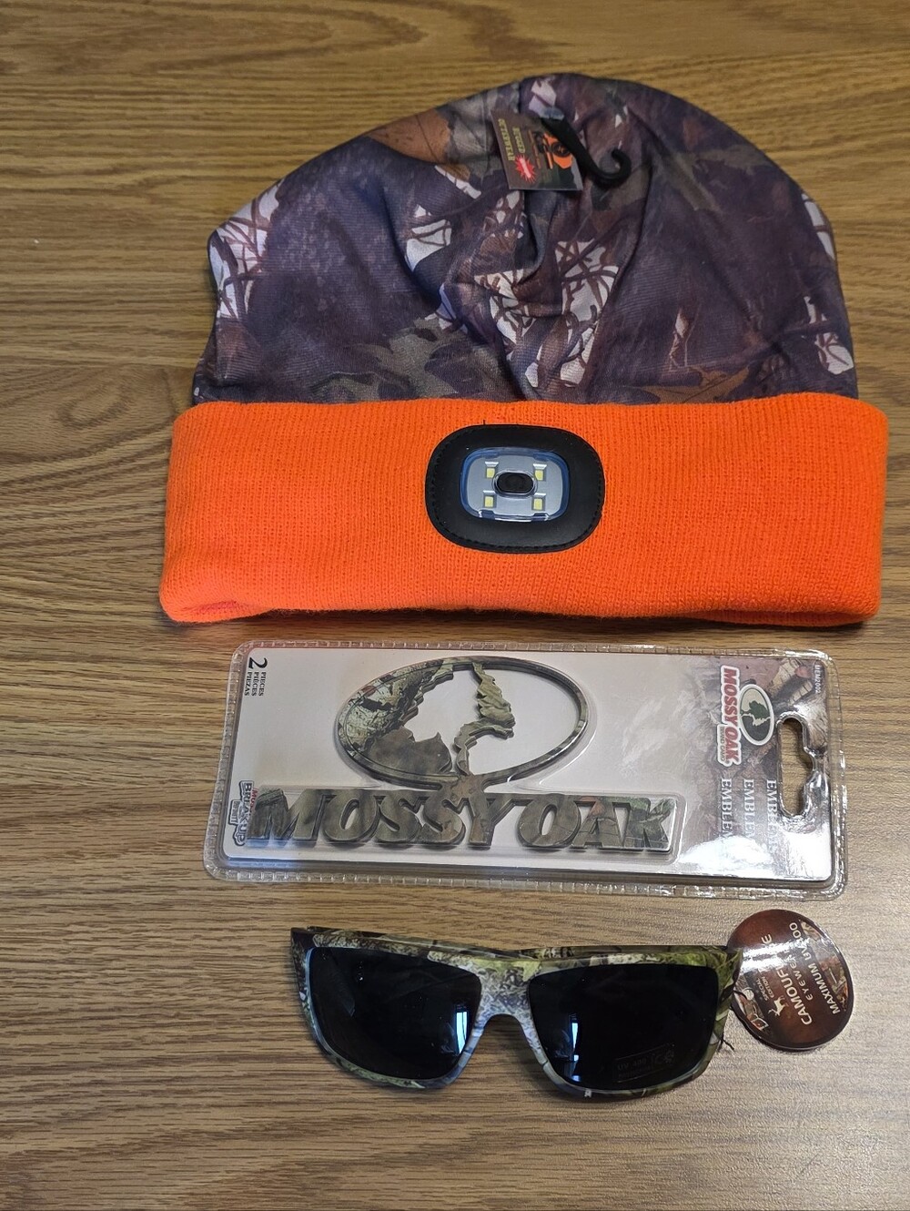 Camo/Orange Beanie Hat Rechargeable, Camo Sunglasses, Mossy Oak Emblems